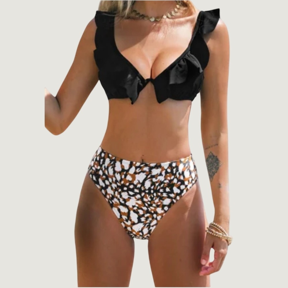 Cupshe Womens Bikini Set M Black Animal Print Ruffle High Waist Underwire